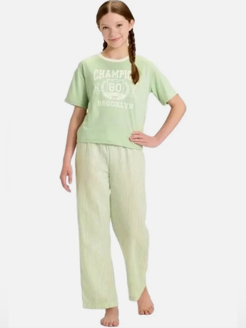 NWT Kids Light Green Two-Piece Pajama Set - Champion Graphic Top Size M(8)